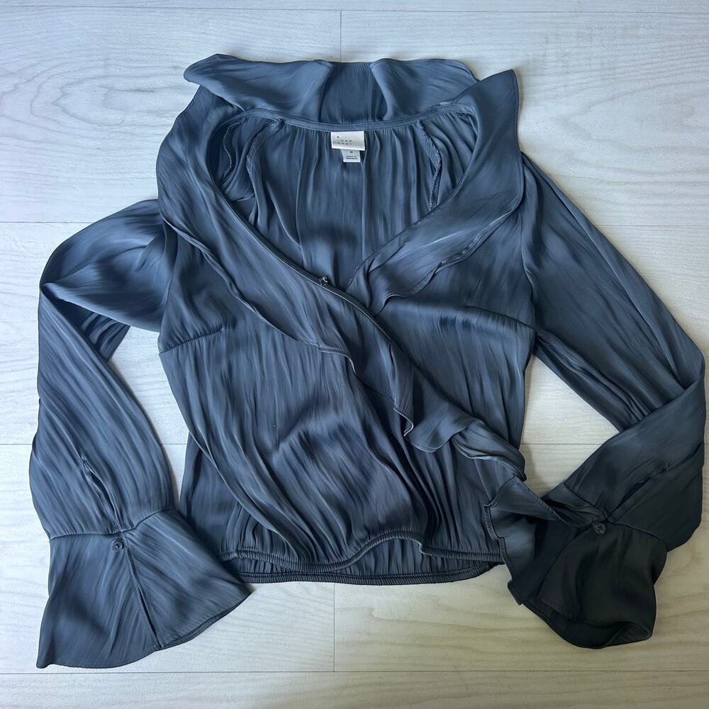 A New Day Blue Satin Blouse Top Career Wear Flowy Boho Size Small